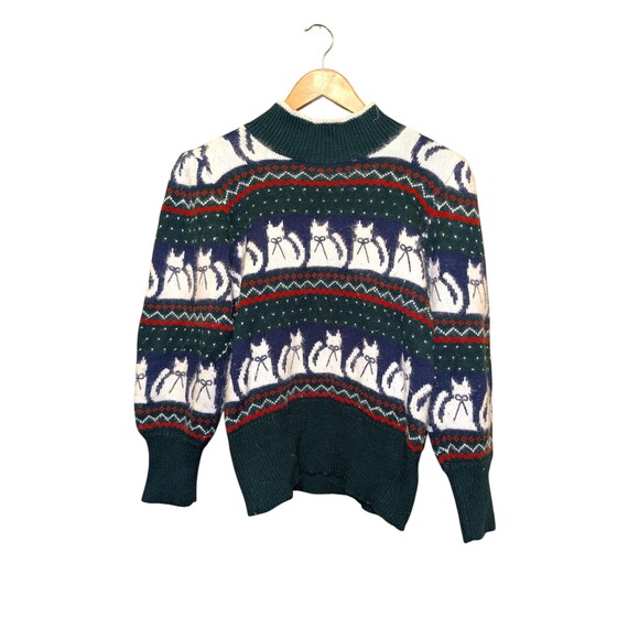 Vintage 80s Karen Scott Cat Sweater Medium Fair Isle Angora Blend Christmas Cozy - Picture 1 of 10